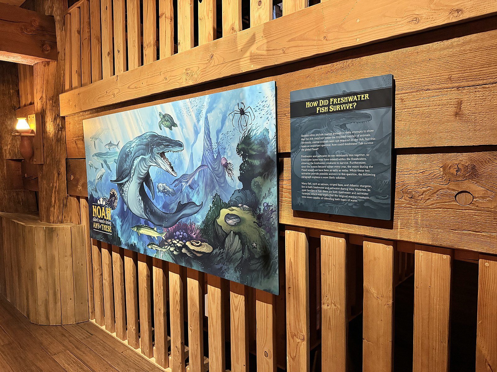 Painted marine animals mural and information panel inside the Ark Encounter