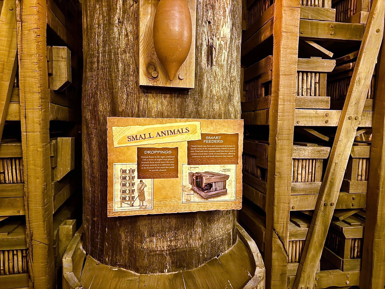 Small animals display on a timber post inside the Ark Encounter