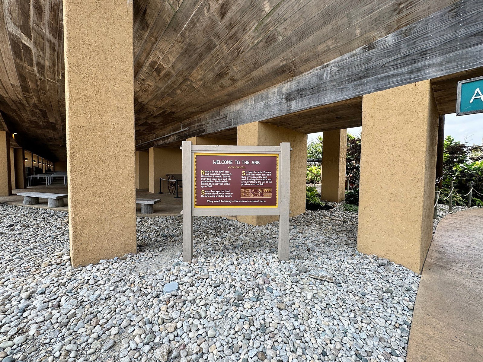 Welcome to the Ark sign beneath the hull of the Ark Encounter