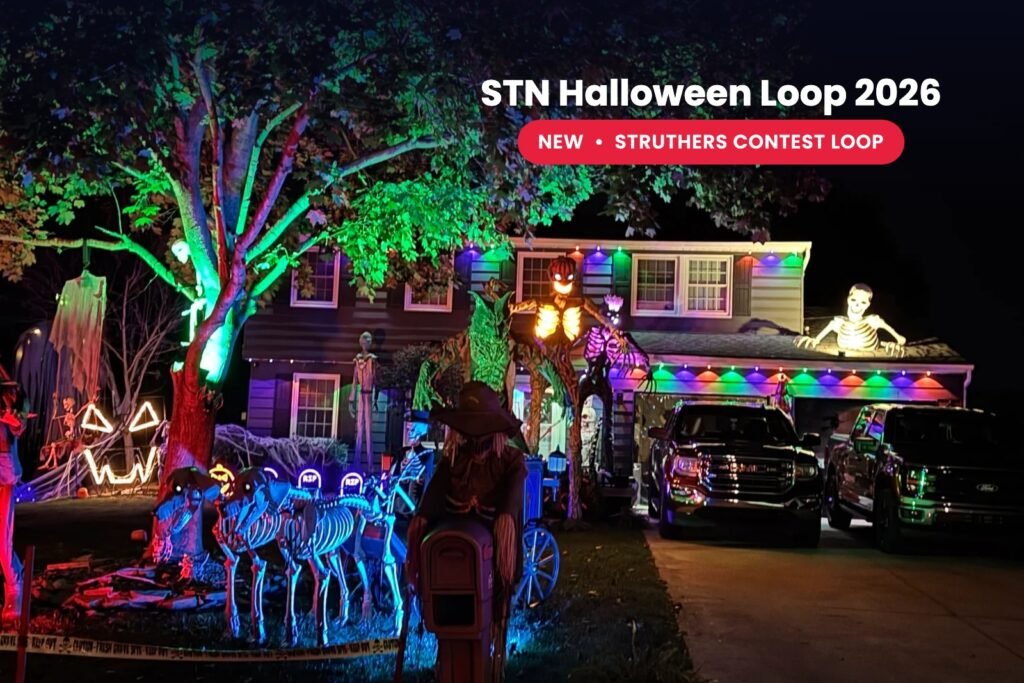 Colorfully lit Halloween house with skeletons — Struthers decorating contest loop