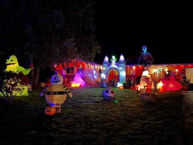 Halloween Loop Update: 16 Loops and 86 Stops, Including New Struthers and Alliance Routes Halloween house in the Mahoning Valley decorated with large inflatable Nightmare Before Christmas characters and lights