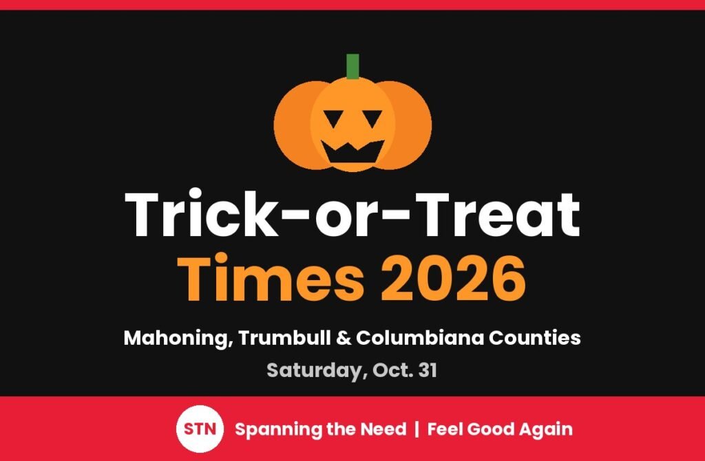 Trick-or-Treat Times 2026 graphic with a jack-o-lantern for Mahoning, Trumbull and Columbiana counties, Saturday Oct. 31