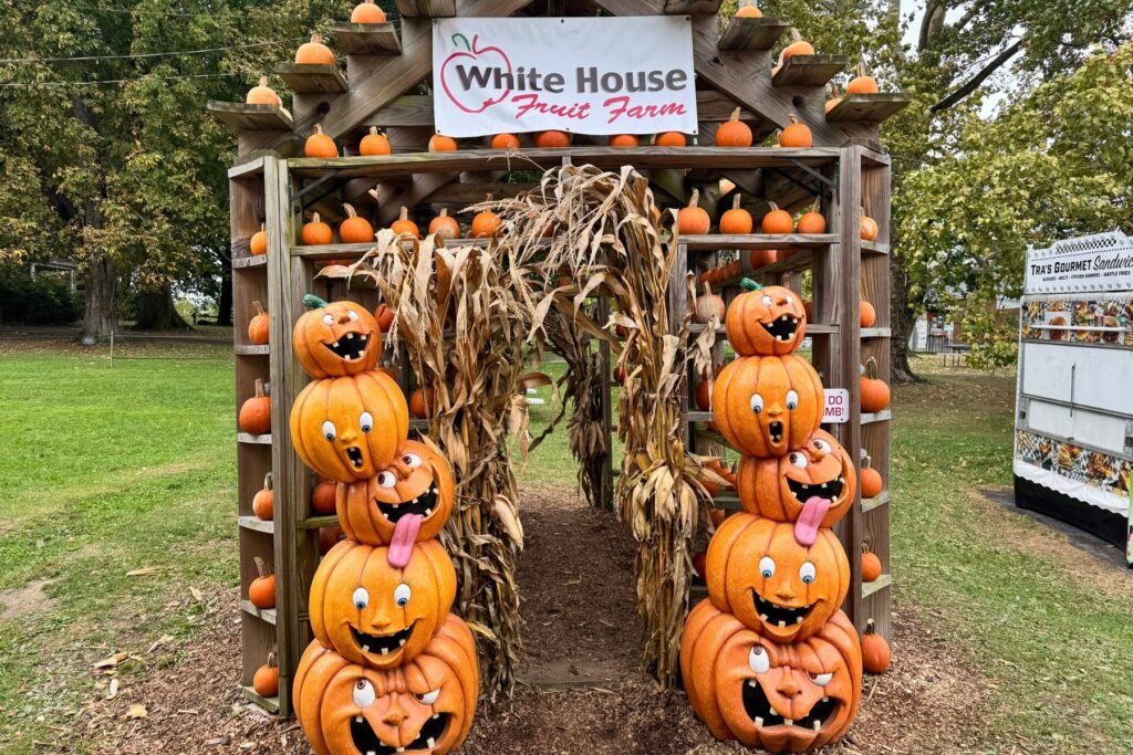 Fall Fun at White House Fruit Farm in Canfield: Pumpkins, Food and Family Activities Through Oct. 25 Stacked smiling pumpkin characters flank a corn-stalk archway under a White House Fruit Farm sign